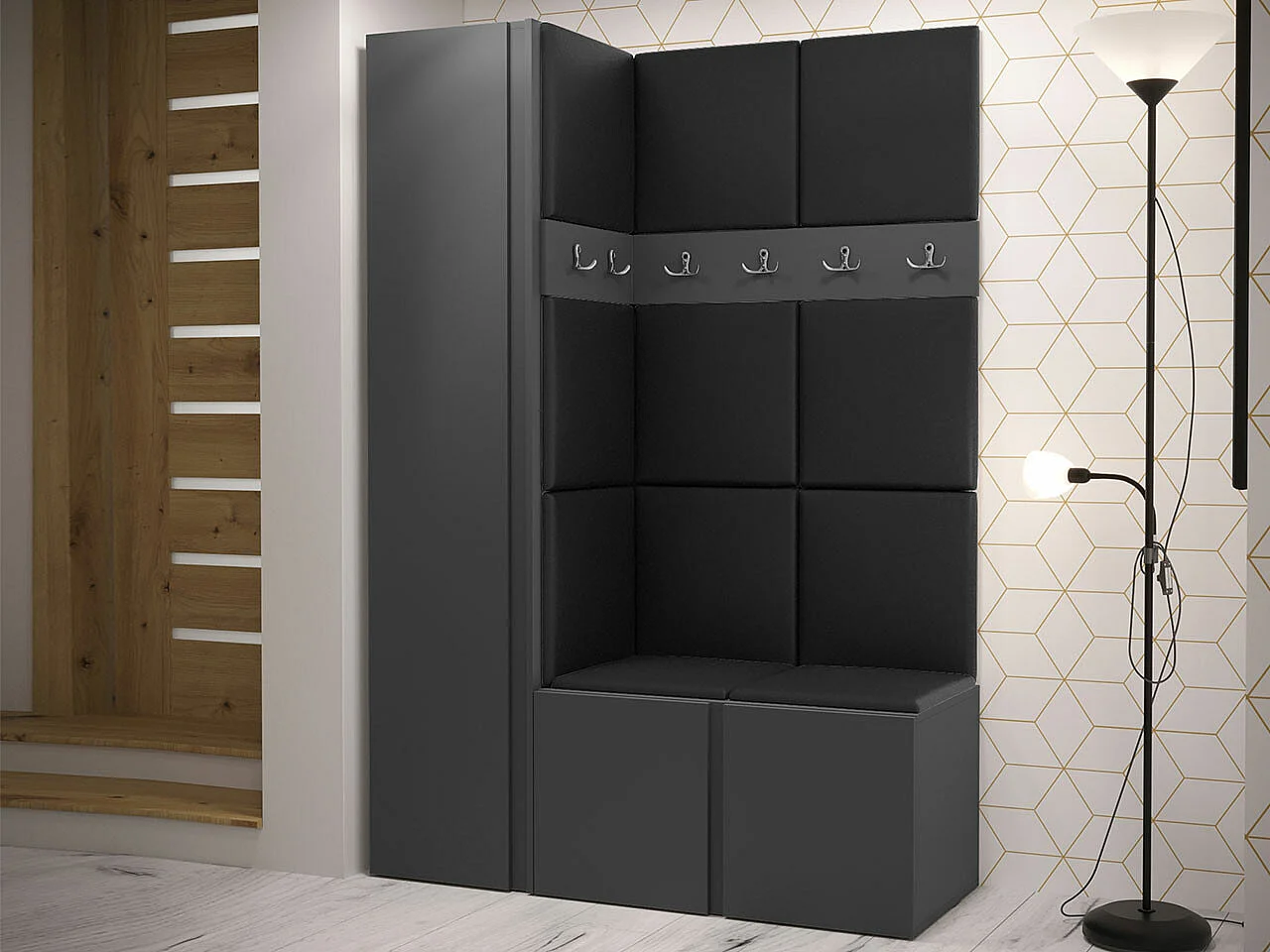 Set mobili da ingresso Hartford 471, 186x124x44cm, Grafite, Truciolare laminato|Eco pelle