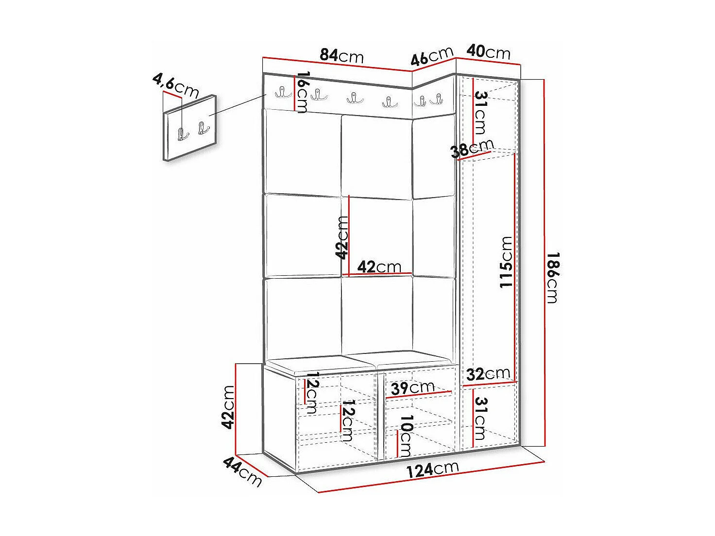 Conjunto pasillo Hartford 385, 186x124x46cm, Amarillo|Negro, Colocada|Montada en la pared