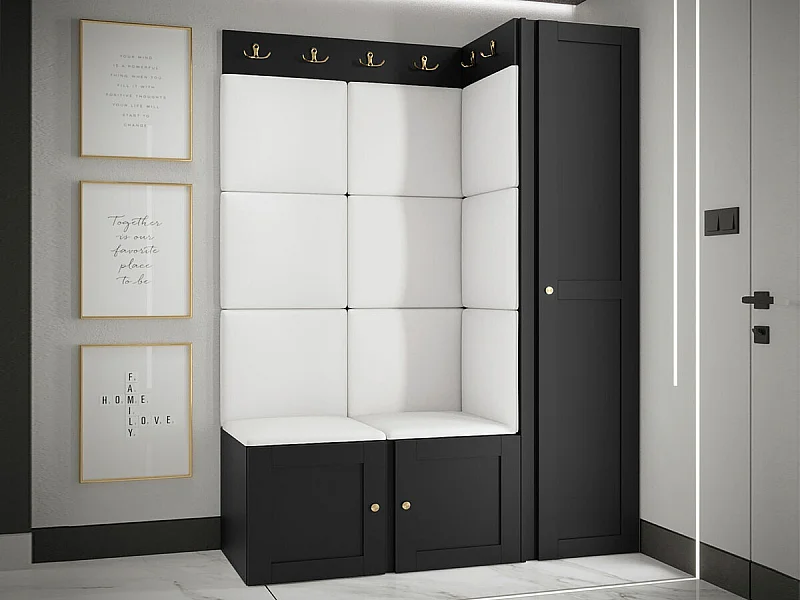 Meuble d'entrée Hartford 377, 186x124x46cm, Blanc|Noir, Stratifié|Faux cuir|MDF