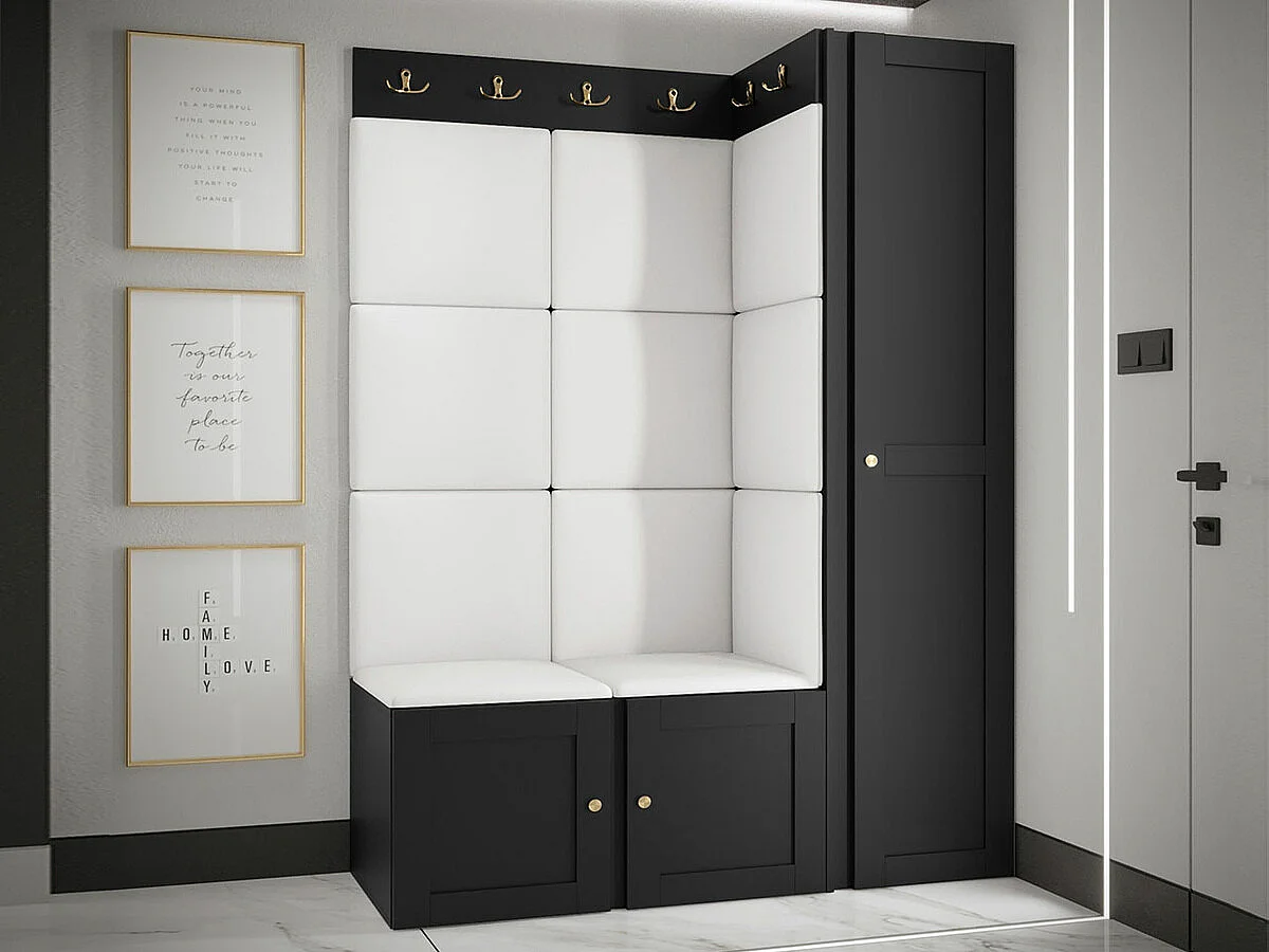 Meuble d'entrée Hartford 377, 186x124x46cm, Blanc|Noir, Stratifié|Faux cuir|MDF