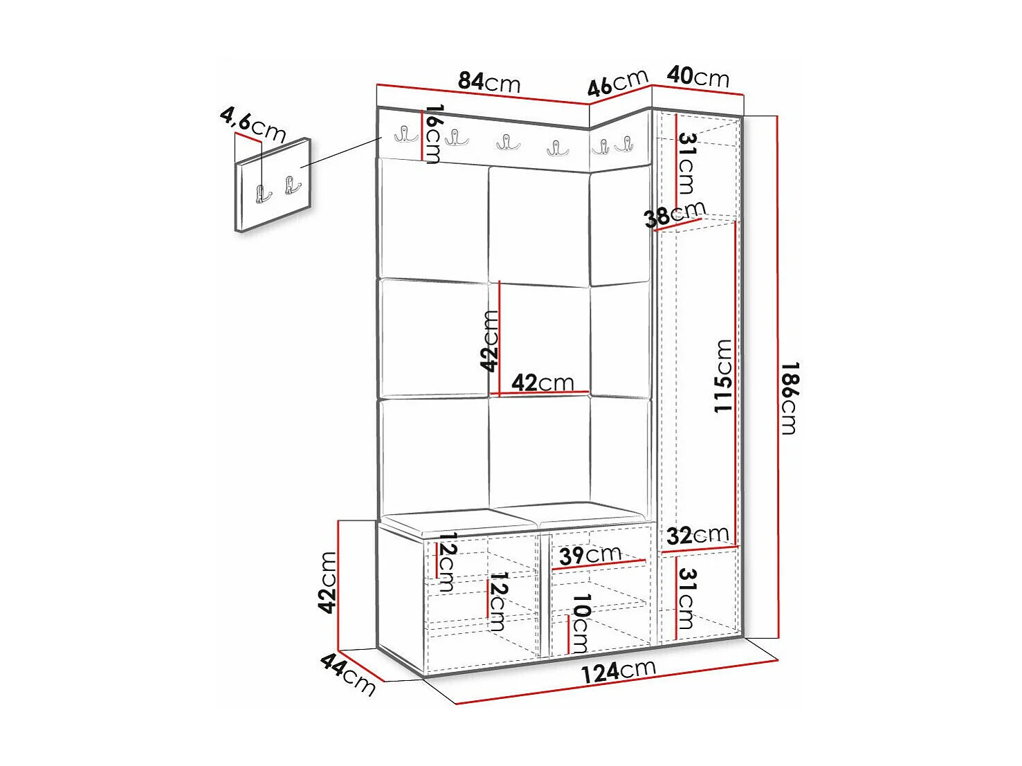 Meuble d'entrée Hartford 377, 186x124x46cm, Blanc|Noir, Stratifié|Faux cuir|MDF