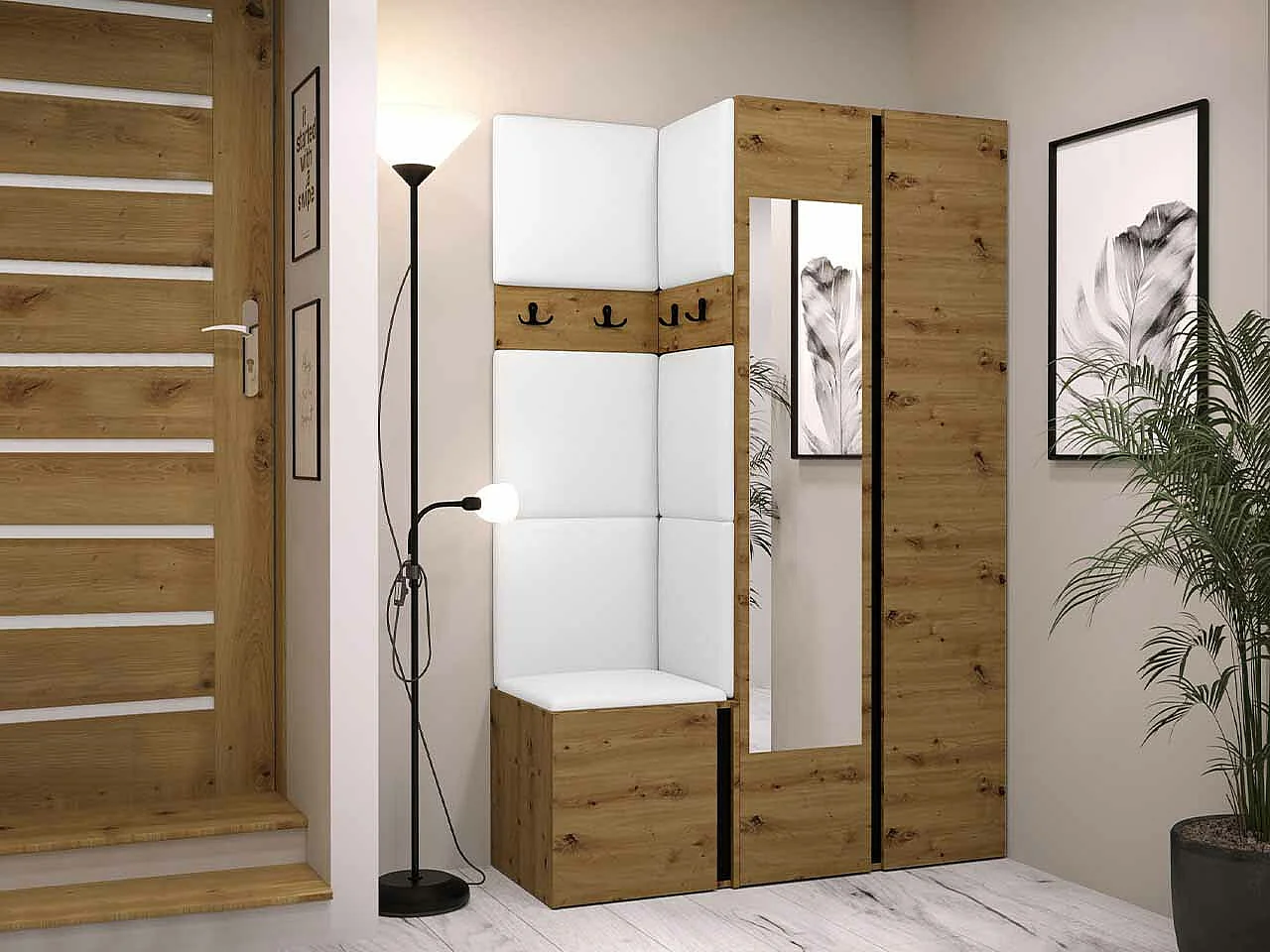 Conjunto pasillo Hartford 350, 186x116x44cm, Espejo, Negro|Roble Artisan