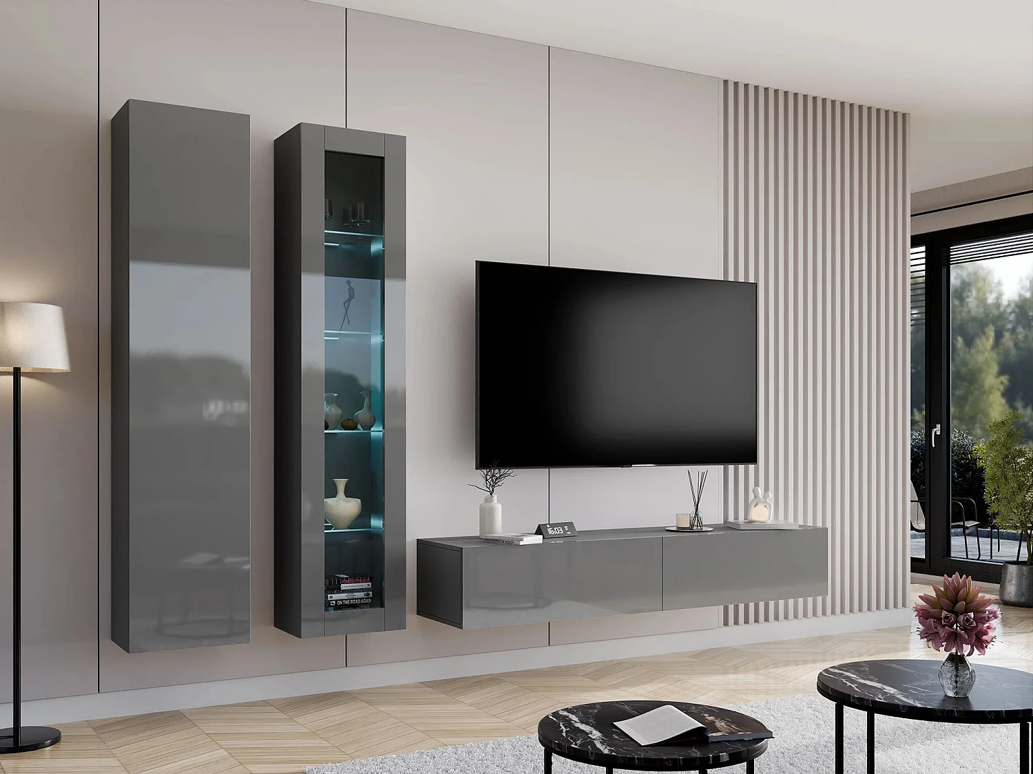 Mueble TV Charlotte A124, Gris brillante|Gris, Número de puertas: 2.00, 140x30x40cm