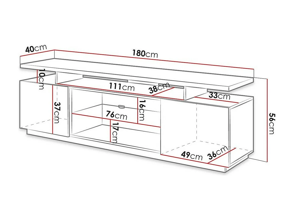 Meuble TV Charlotte 138, Blanc|Blanc brillant, Le nombre de portes: 2, 180x56x40cm