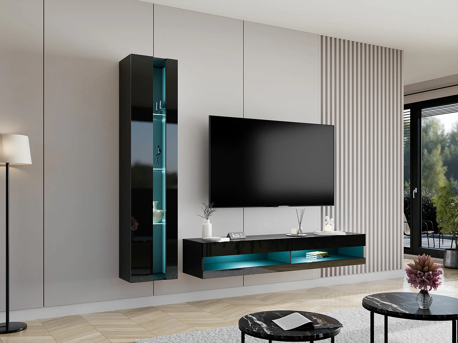 Mueble TV Charlotte A119, Negro brillante|Negro, Número de puertas: 2.00, 180x30x40cm