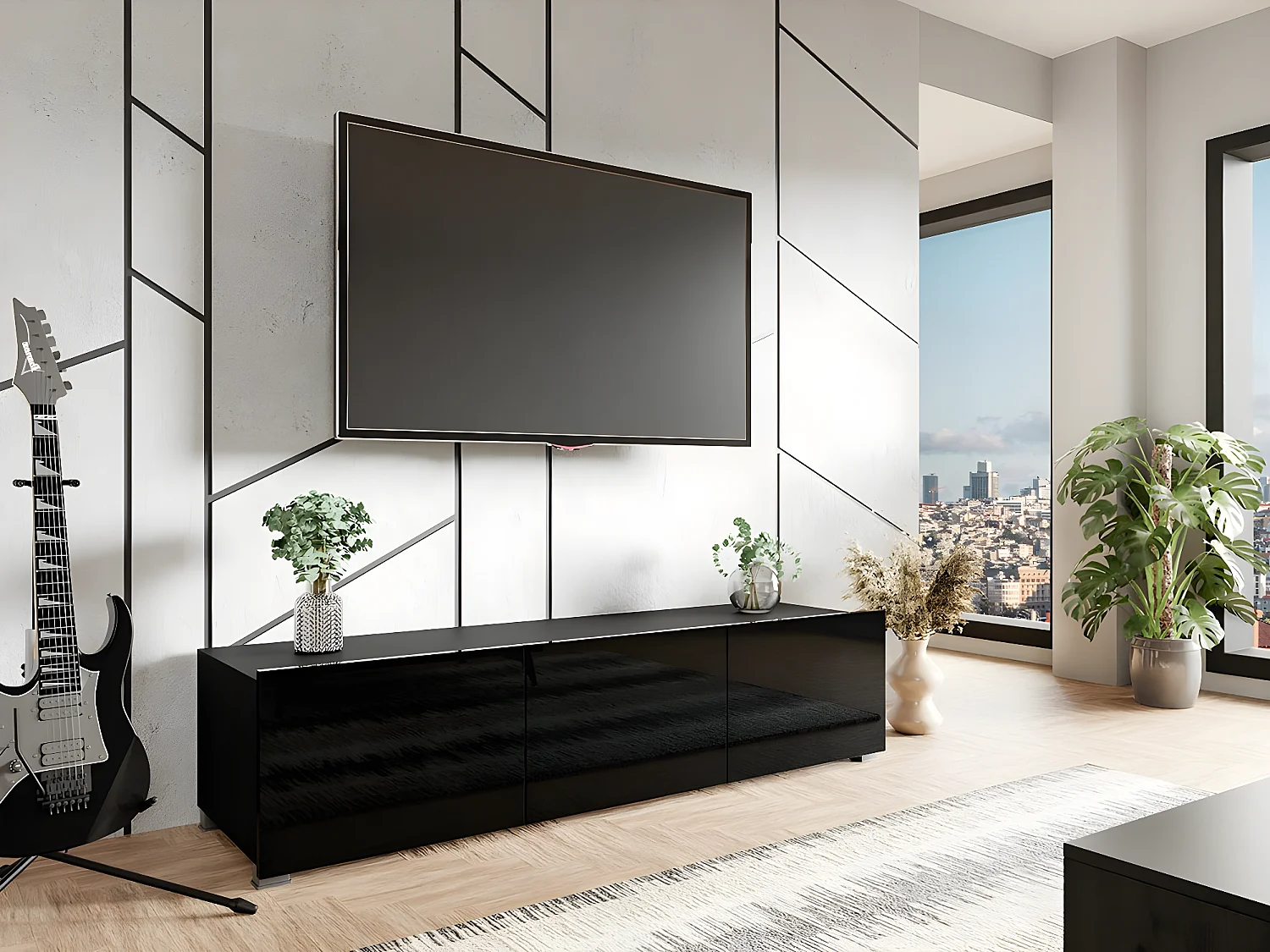 Mueble TV Providence B103, Negro brillante|Negro, Número de puertas: 3.00, 150x37x43cm