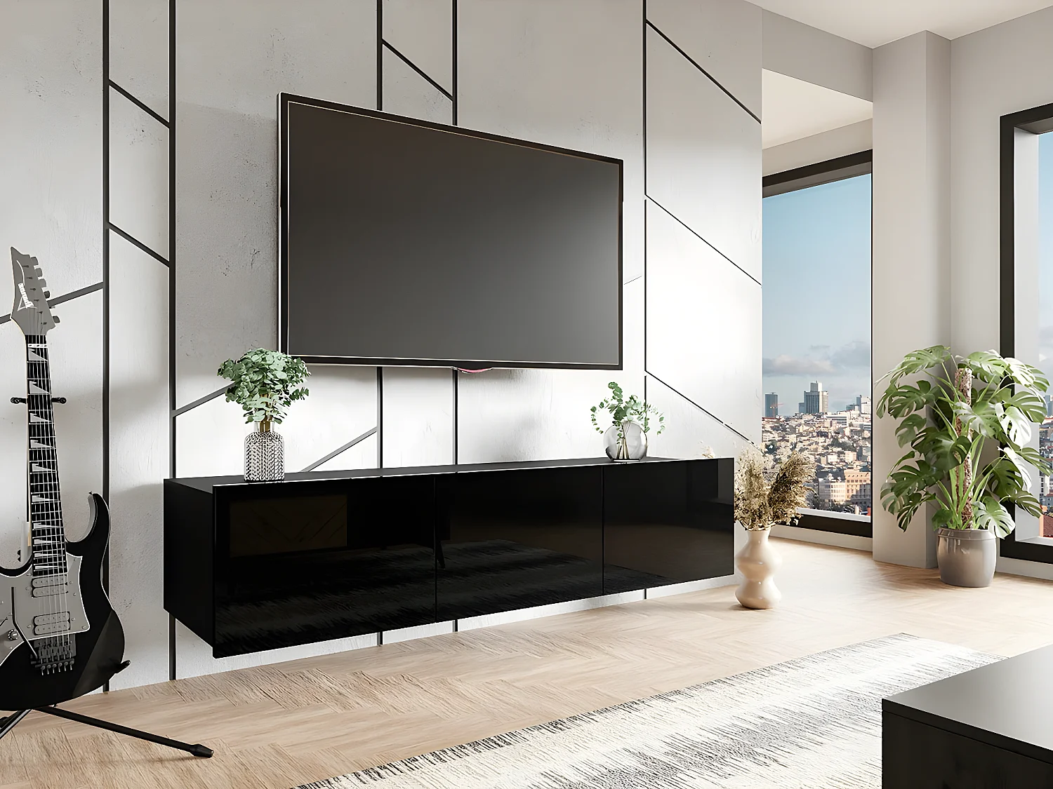 Mueble TV Providence B103, Negro brillante|Negro, Número de puertas: 3.00, 150x37x43cm