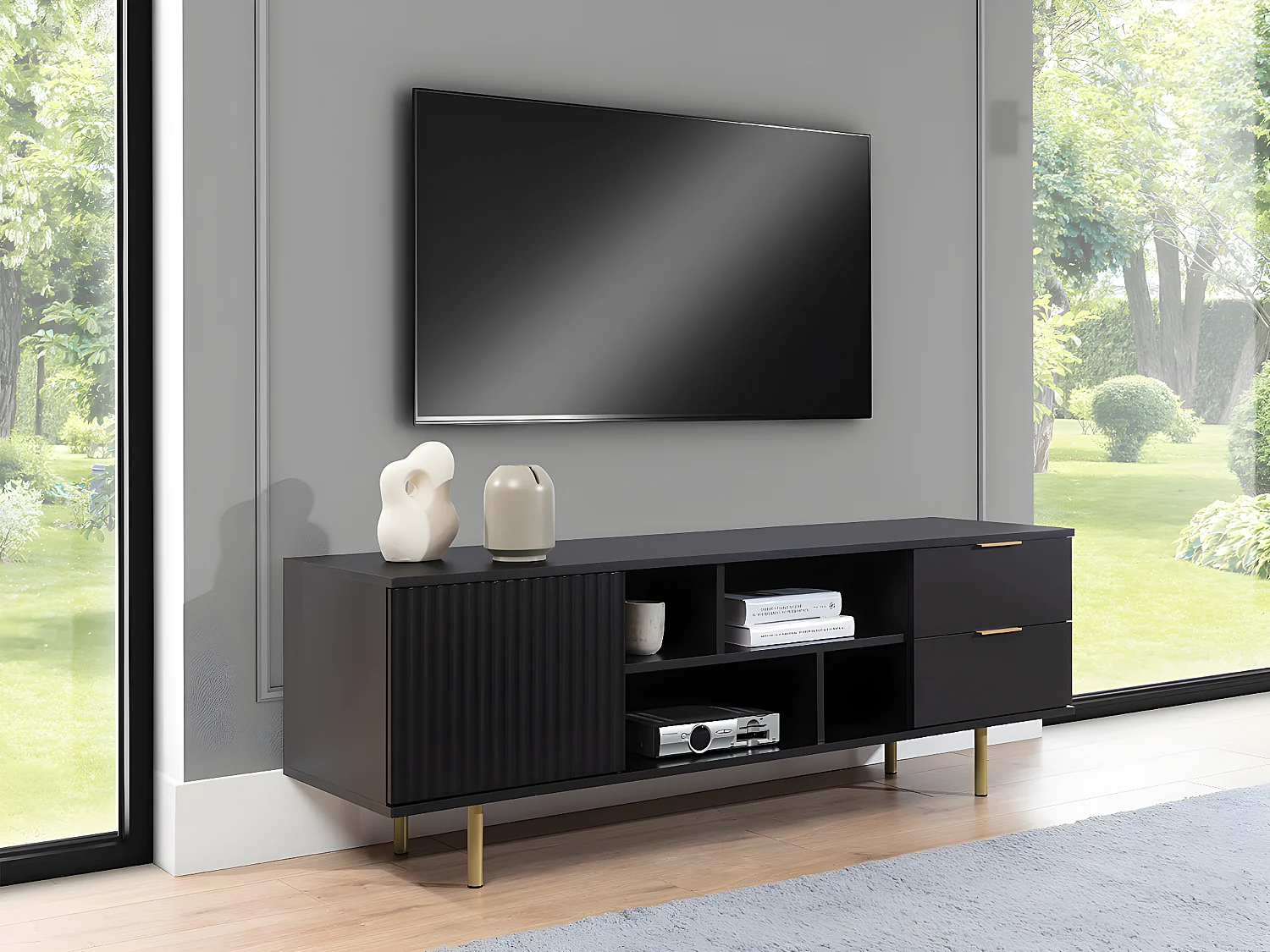 Meuble TV Virdomi 105, Noir, 150x52x41cm