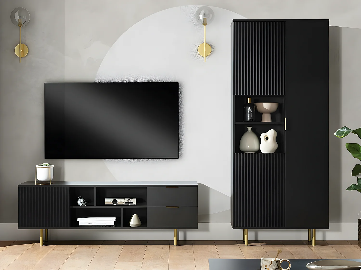 Meuble TV Virdomi 105, Noir, 150x52x41cm