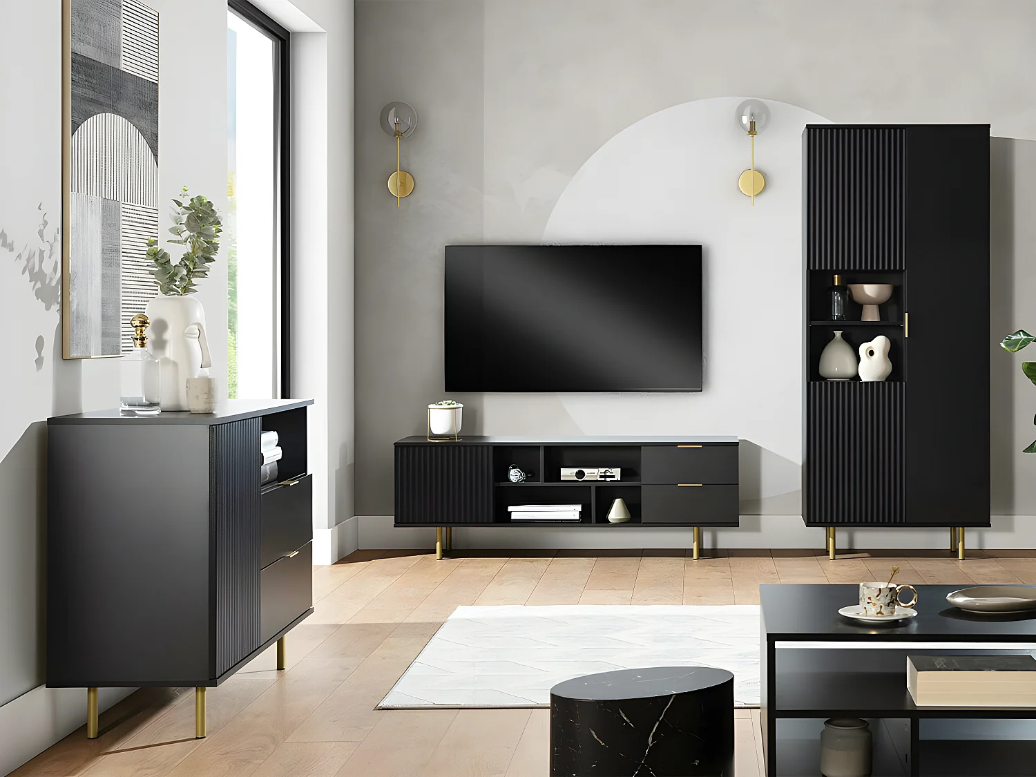 Meuble TV Virdomi 105, Noir, 150x52x41cm