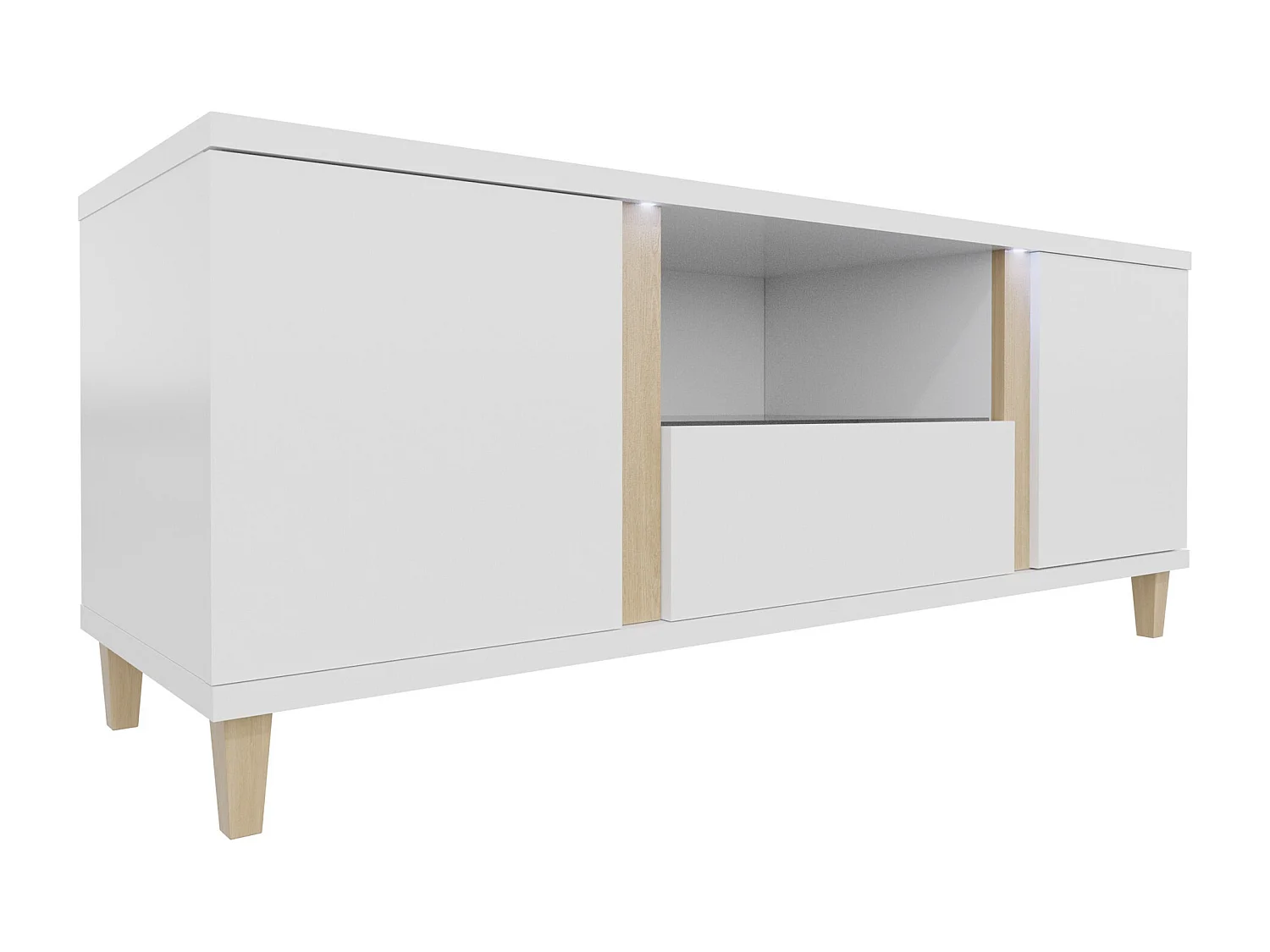 Meuble TV Livseri 113, Blanc|Clair bois|Blanc brillant, Le nombre de portes: 3, 150x50cm