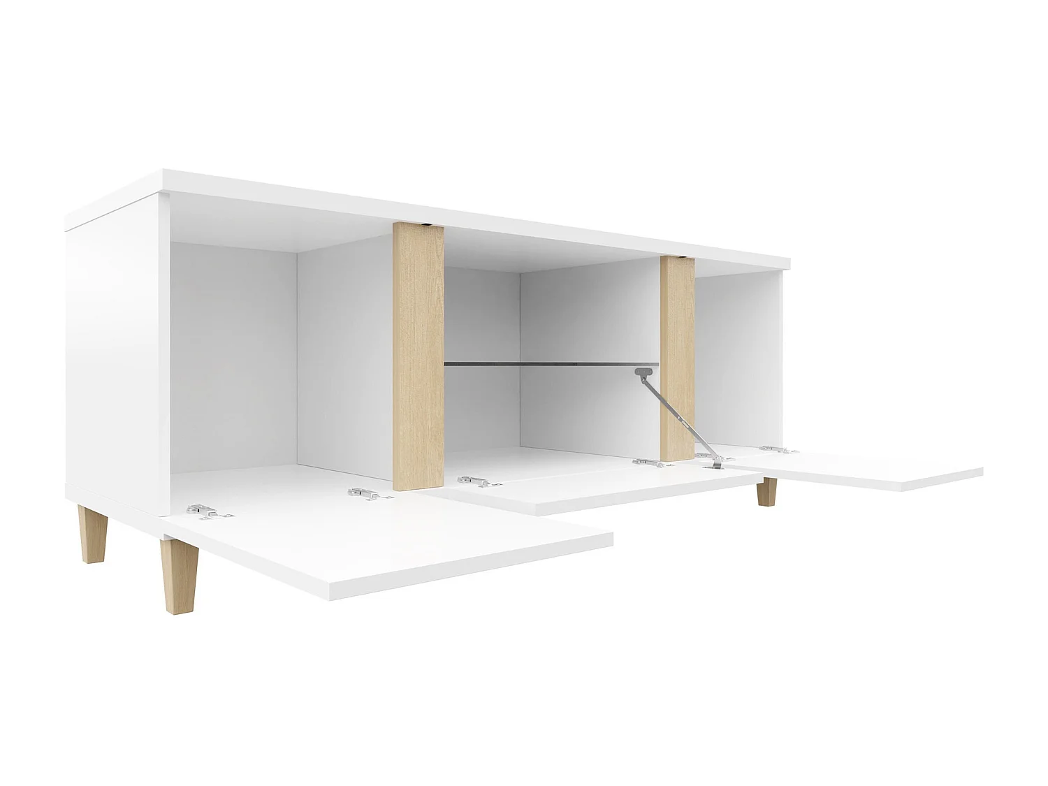 Meuble TV Livseri 113, Blanc|Clair bois|Blanc brillant, Le nombre de portes: 3, 150x50cm