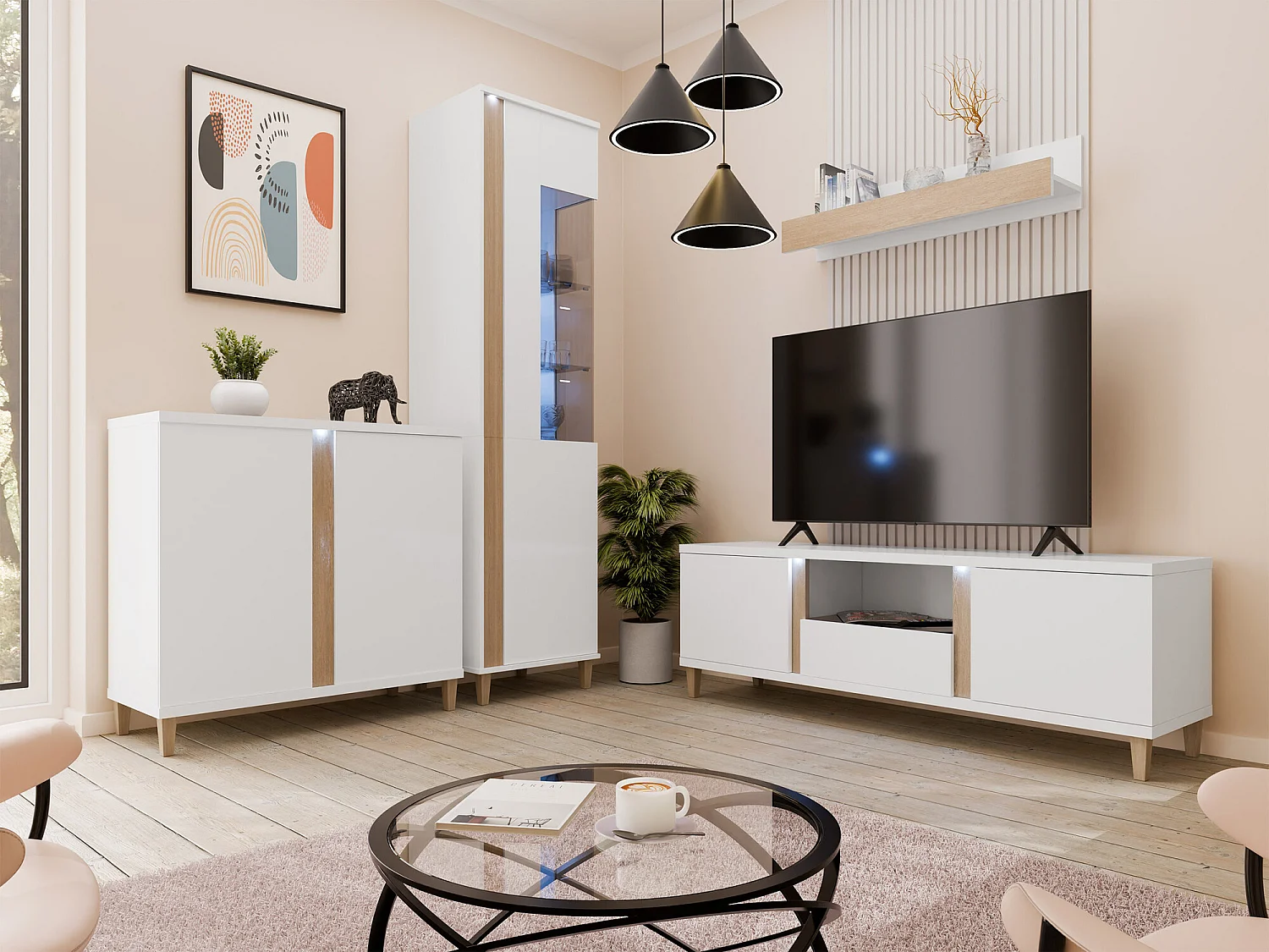 Mobile porta TV Livseri 113, Bianco|Luminoso legno|Bianco lucido, 150x50x40cm
