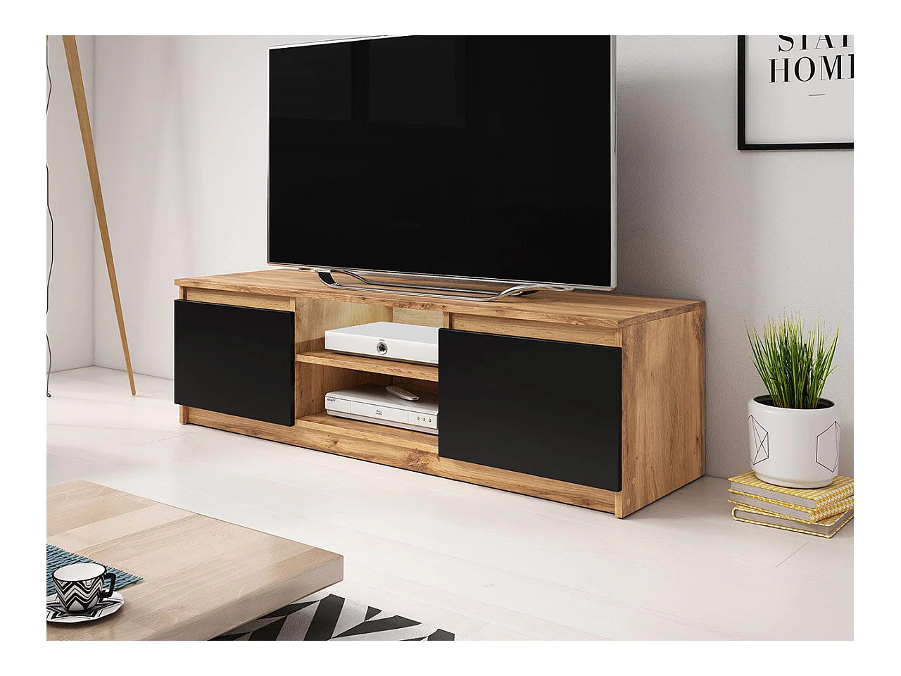 Meuble TV Sarasota 139, Chêne wotan|Graphite, Le nombre de portes: 2, 120x36x38cm