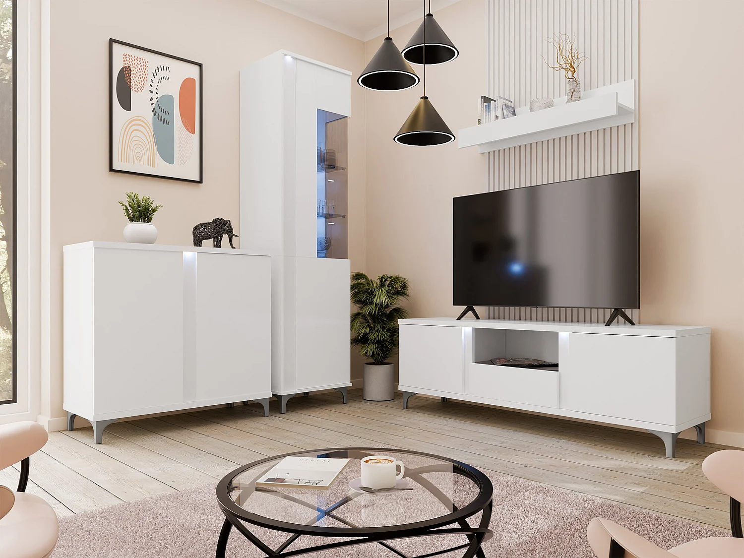 Mueble TV Nashville B113, Blanco brillante|Blanco, Número de puertas: 3.00, 150x50x40cm