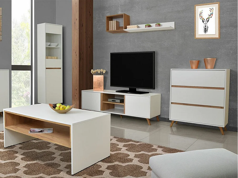 Meuble TV Mavenoa 104, Blanc|Chêne doré, Le nombre de portes: 2, 150x50x45cm