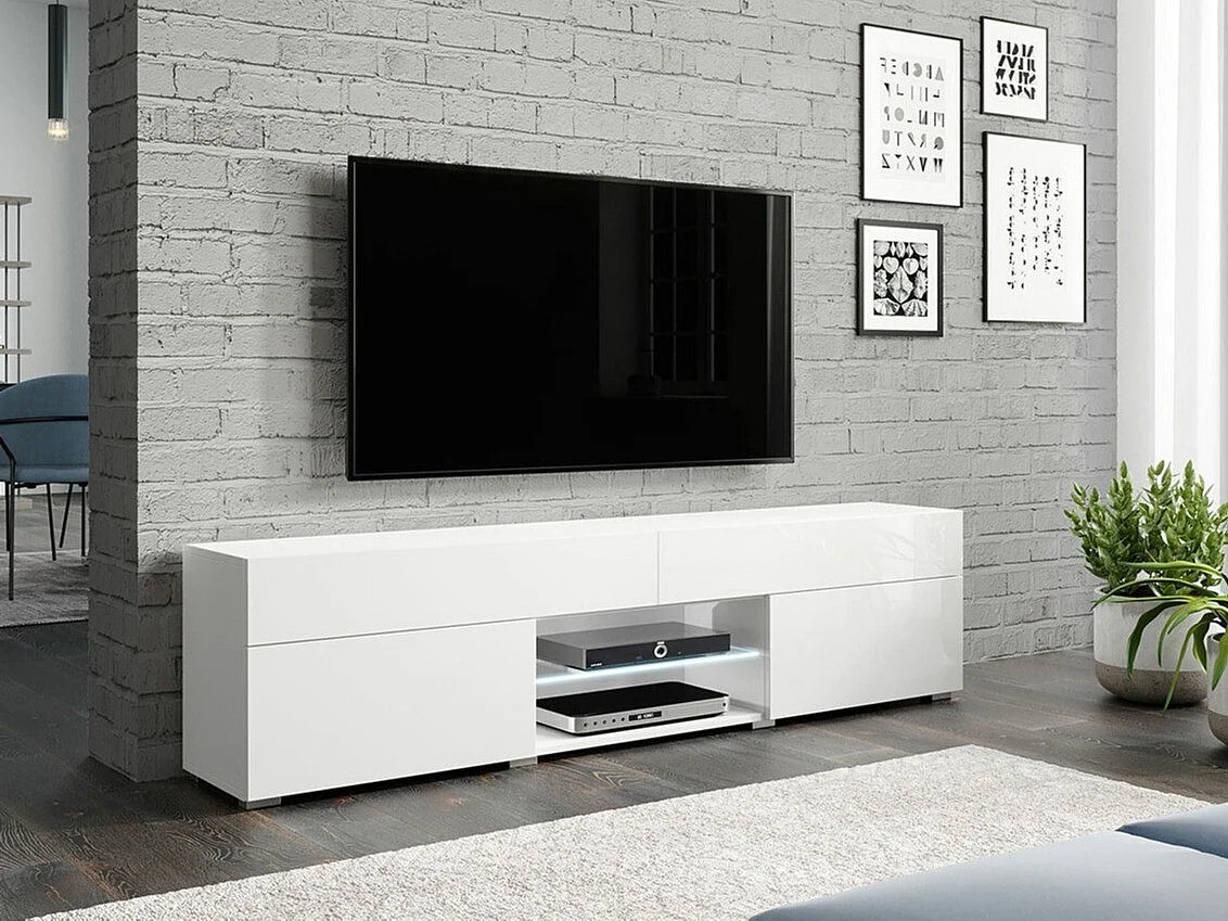 Meuble TV Sarasota 134, Blanc|Blanc brillant, Le nombre de portes: 2, 180x45x35cm