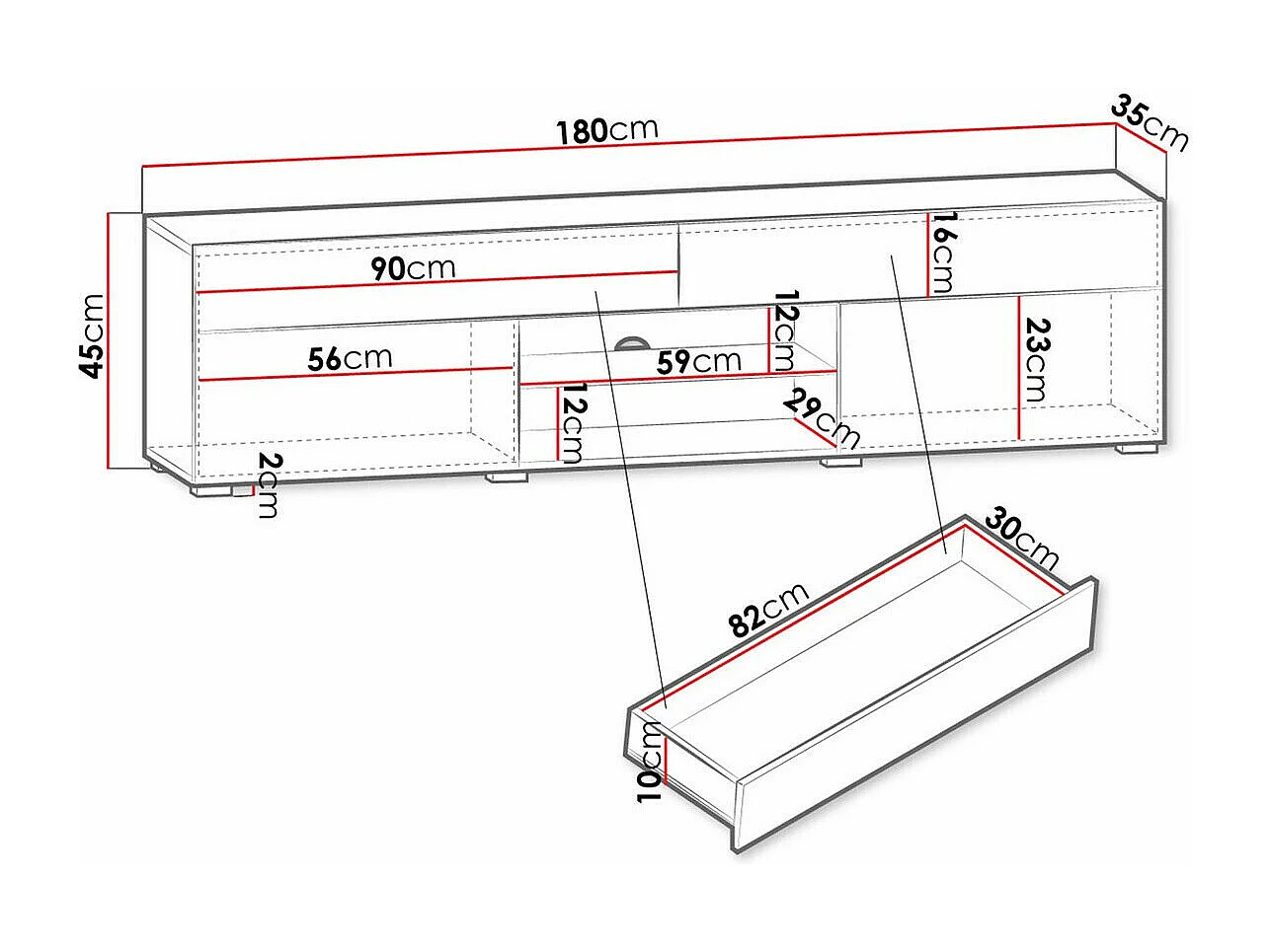 Meuble TV Sarasota 134, Blanc brillant|Blanc, Le nombre de portes: 2, 180x45x35cm