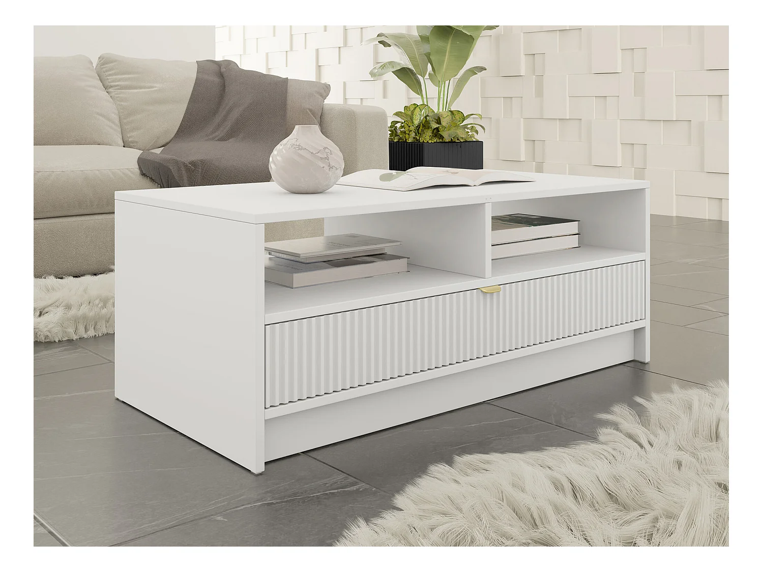 Table basse Comfivo Larmire 105, Blanc, 40x50x100cm, Stratifié, Angulaire