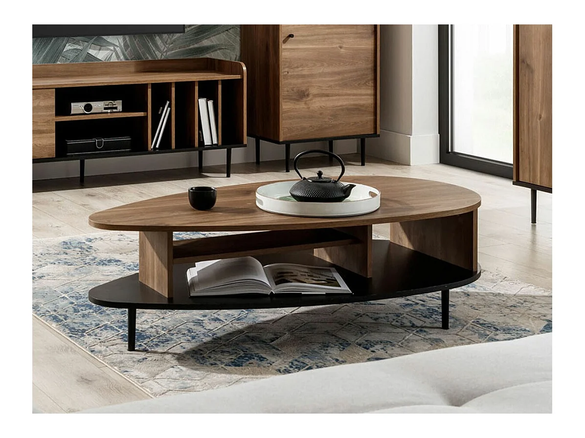 Table basse Ferenou 103, Chêne foncé|Noir, 37x63x120cm, Stratifié, Ovale