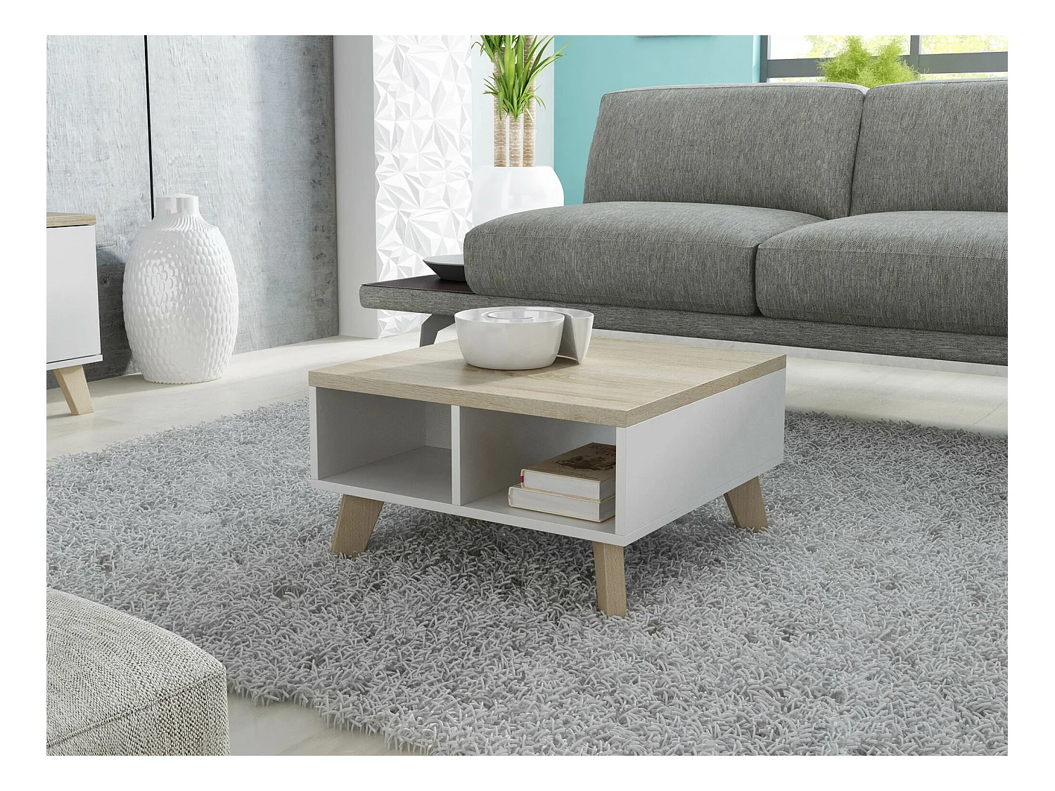 Table basse Larfloi 100, Blanc|Sonoma chêne, 35x60x60cm, Stratifié, Angulaire