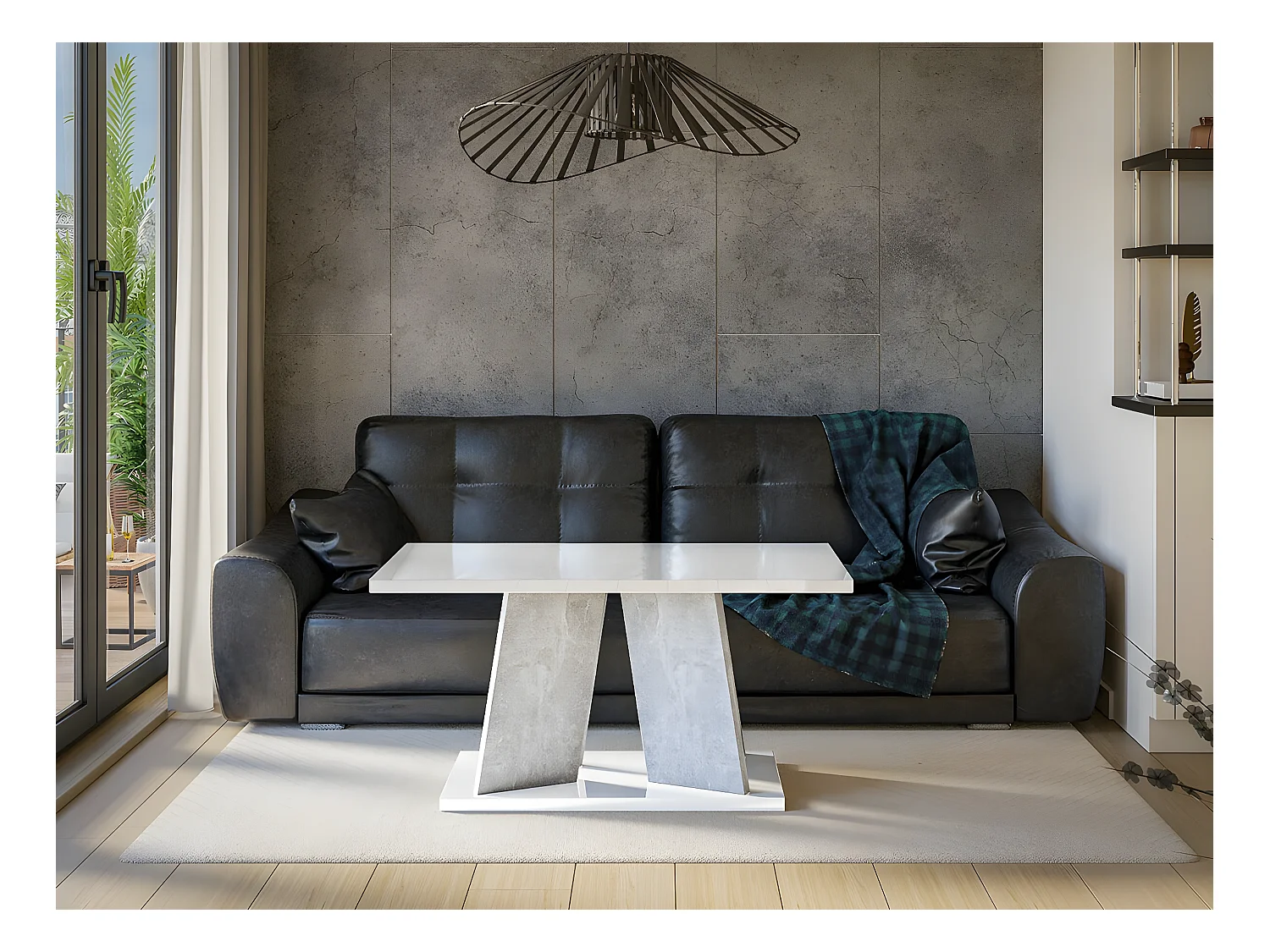 Table basse Goodyear 108, Blanc brillant|Béton, 60x70x110cm, Stratifié, Angulaire