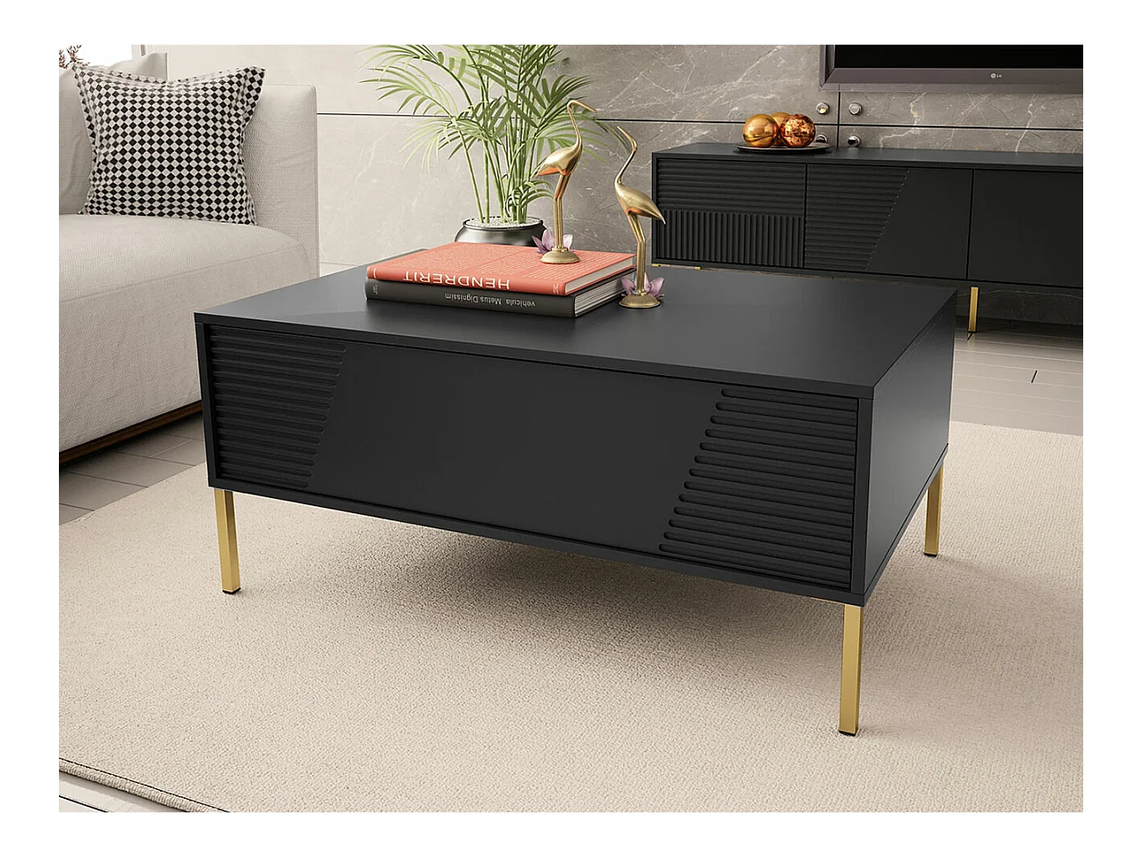 Table basse Verteni 104, Noir, 46x60x100cm, Stratifié, Angulaire