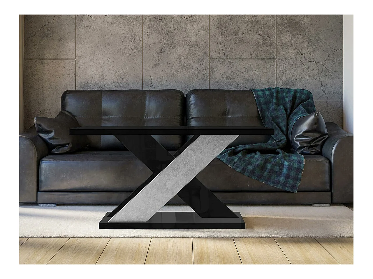 Table basse Goodyear 116, Béton|Noir brillant, 60x70x110cm, Stratifié, Angulaire
