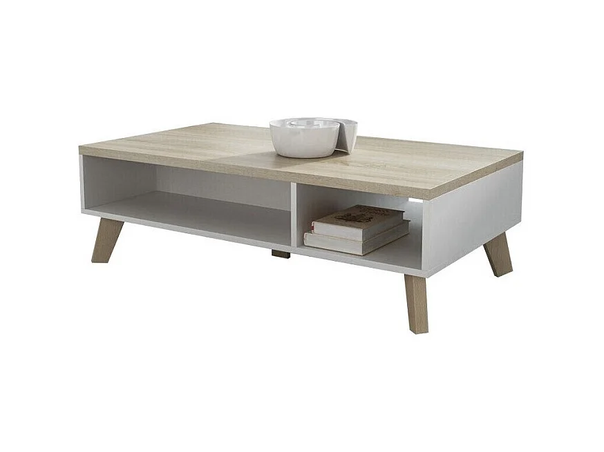 Table basse Larfloi 101, Blanc|Sonoma chêne, 35x60x110cm, Stratifié, Angulaire