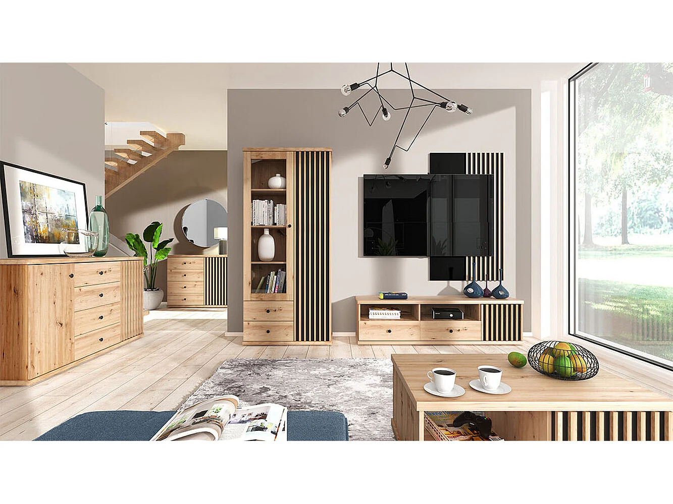 Mesa de centro Stanton H107, Roble Artisan|Negro, 36x58x90cm, Aglomerado laminado