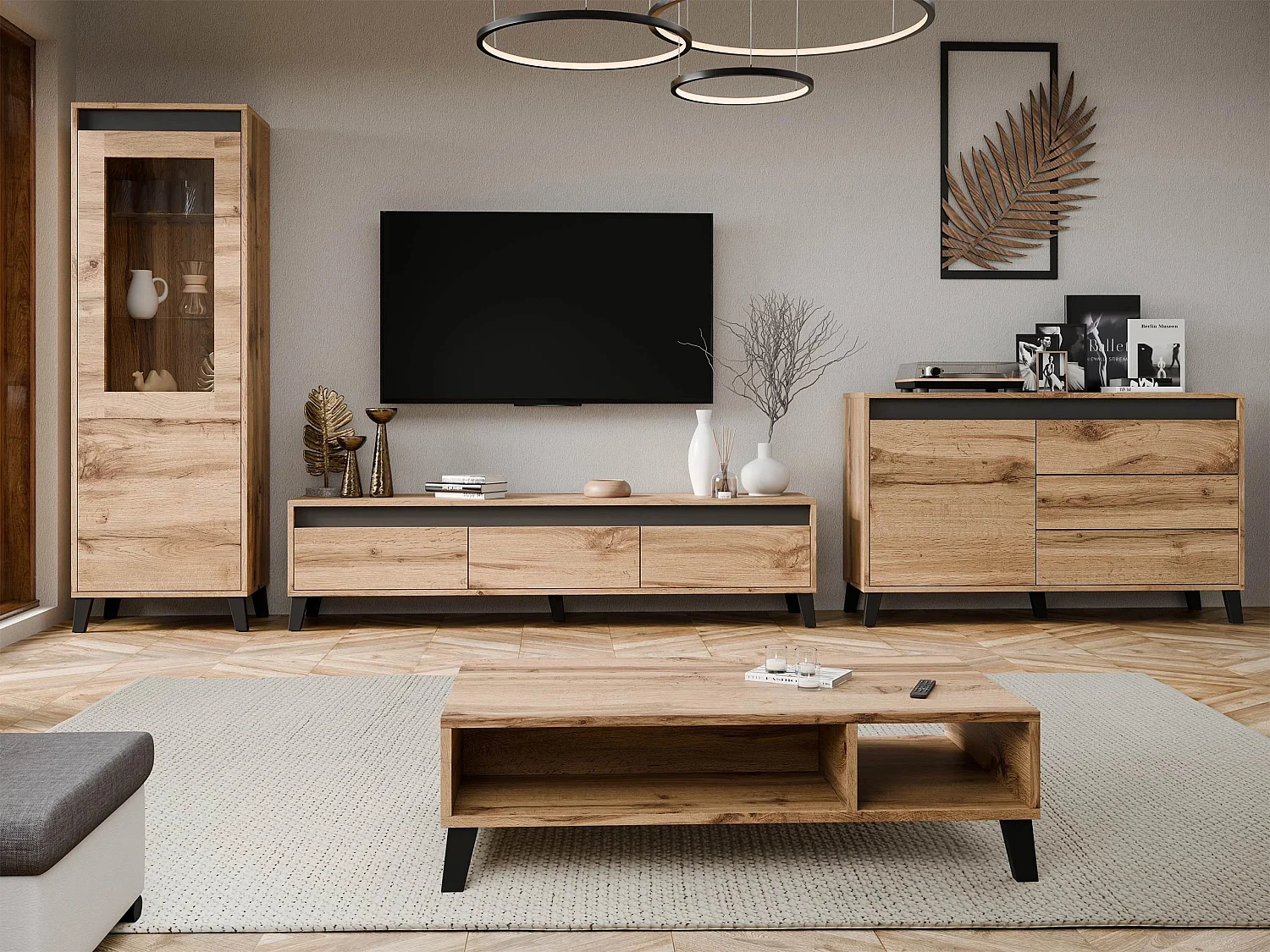 Mesa de café Charlotte 130, Wotan roble|Antracita, 35x60x110cm, Aglomerado laminado