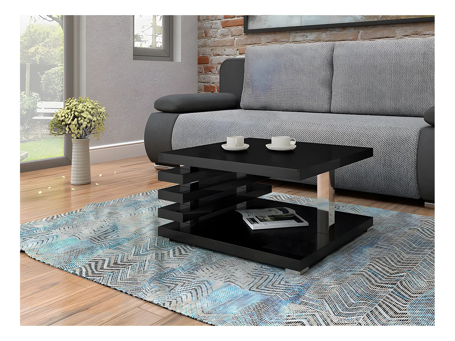 Table basse Goodyear 122, Noir brillant, 31x60x60cm, Stratifié, Angulaire