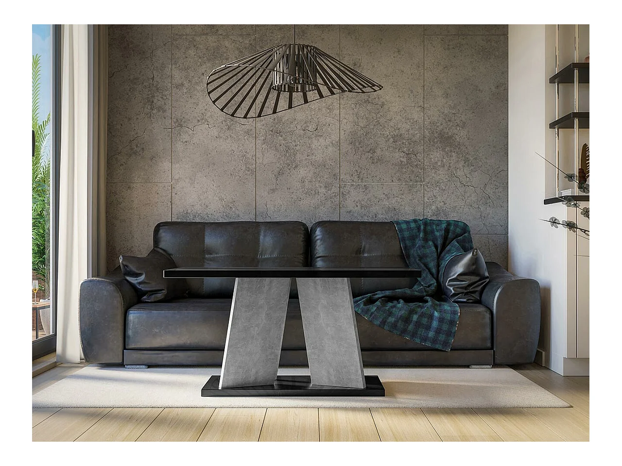 Table basse Goodyear 108, Béton|Noir brillant, 60x70x110cm, Stratifié, Angulaire