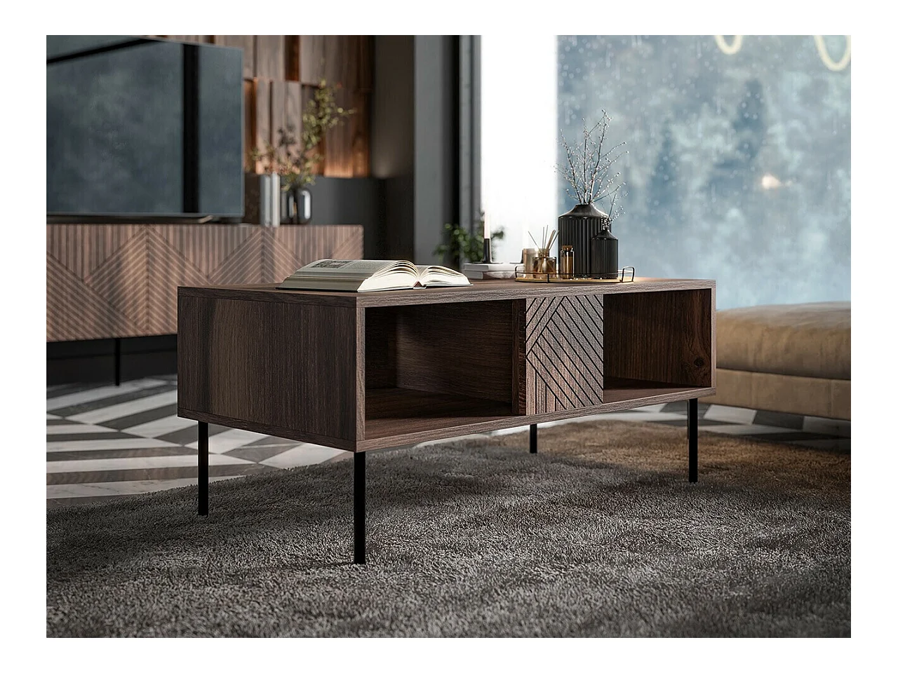 Table basse Venophu 103, Noyer, 46x55x100cm, Stratifié, Angulaire