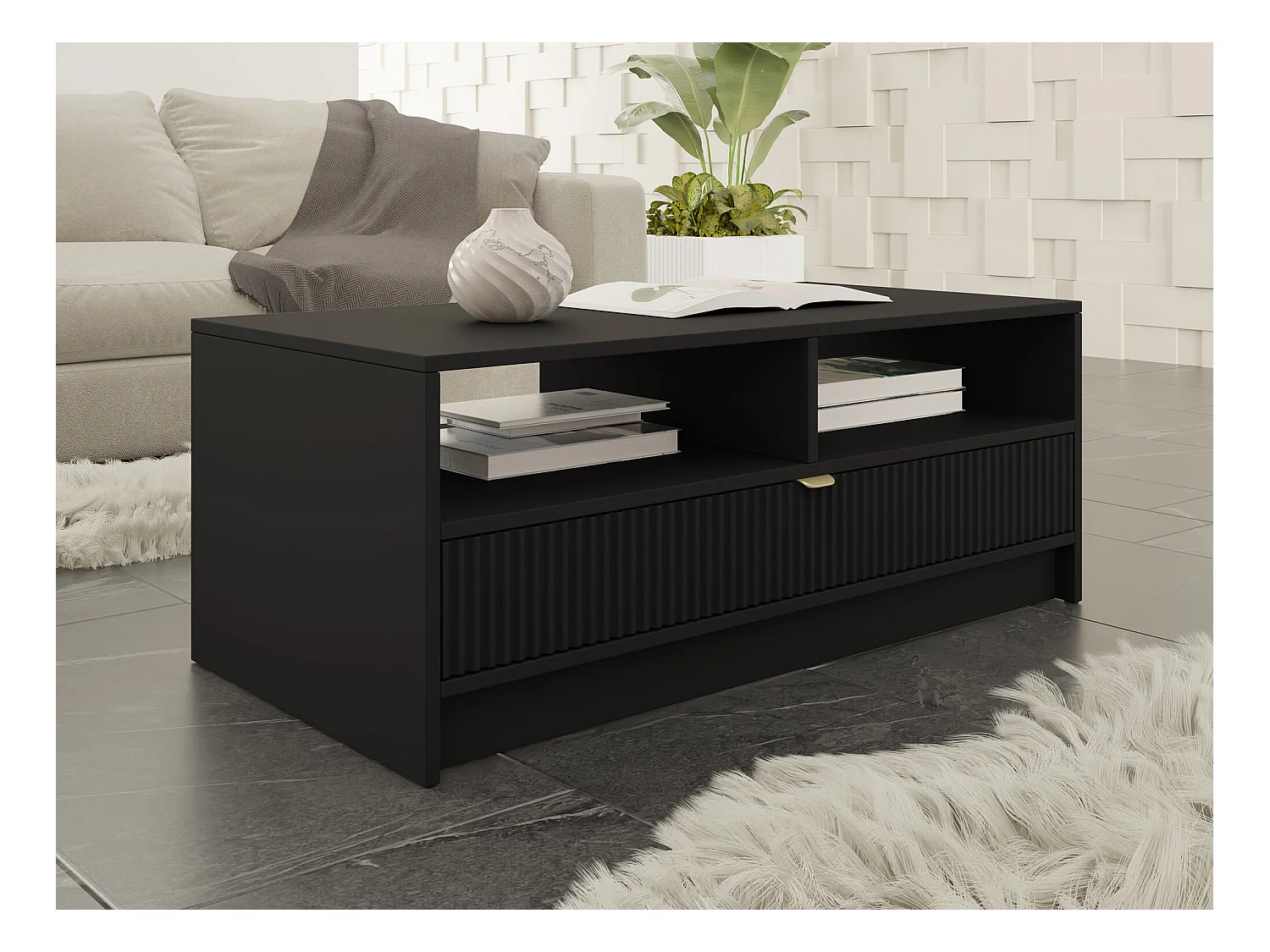 Table basse Comfivo Larmire 105, Noir, 40x50x100cm, Stratifié, Angulaire
