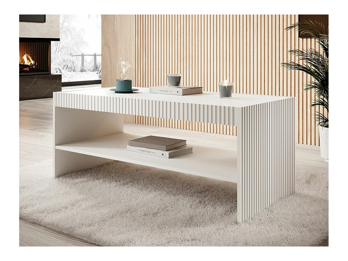 Table basse Levmari 105, Blanc, 50x57x120cm, MDF|Stratifié, Angulaire