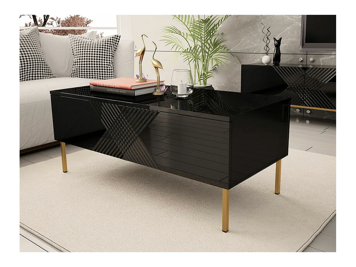 Table basse Levelbu 100, Noir brillant|Noir, 49x55x120cm, Stratifié, Angulaire