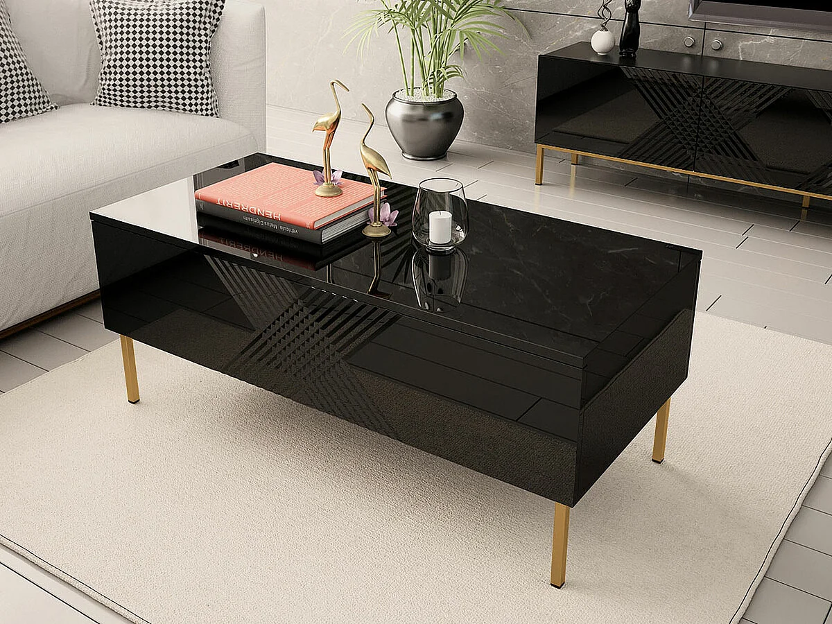 Table basse Levelbu 100, Noir|Noir brillant, 49x55x120cm, Stratifié, Angulaire