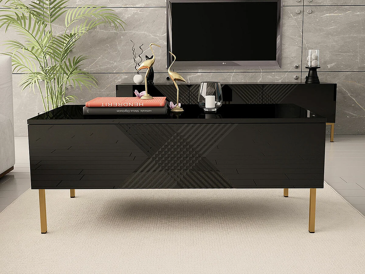 Table basse Levelbu 100, Noir|Noir brillant, 49x55x120cm, Stratifié, Angulaire