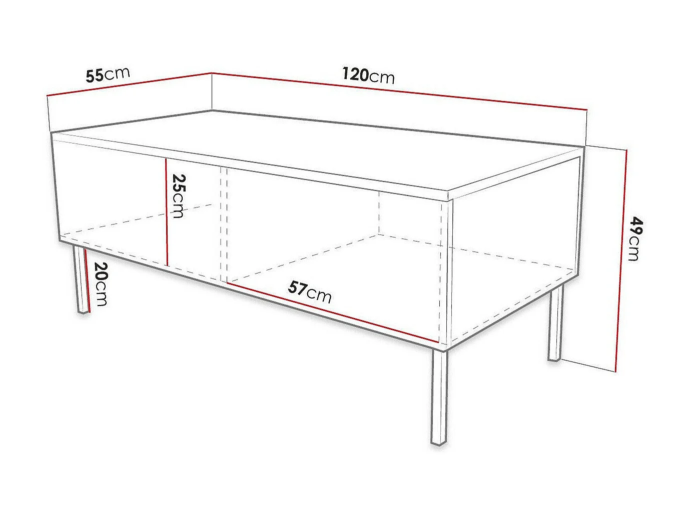 Table basse Levelbu 100, Noir|Noir brillant, 49x55x120cm, Stratifié, Angulaire