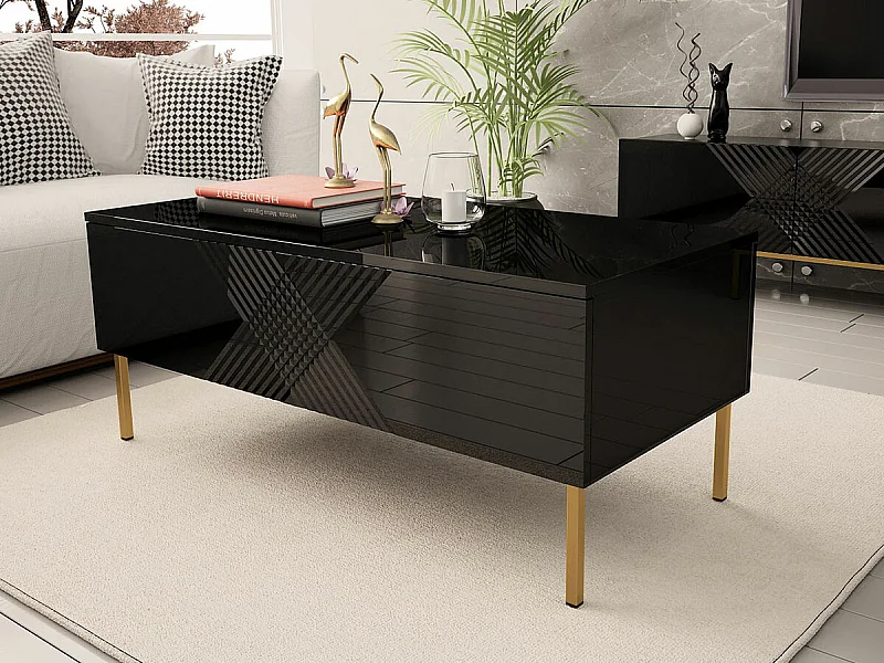 Table basse Levelbu 100, Noir|Noir brillant, 49x55x120cm, Stratifié, Angulaire