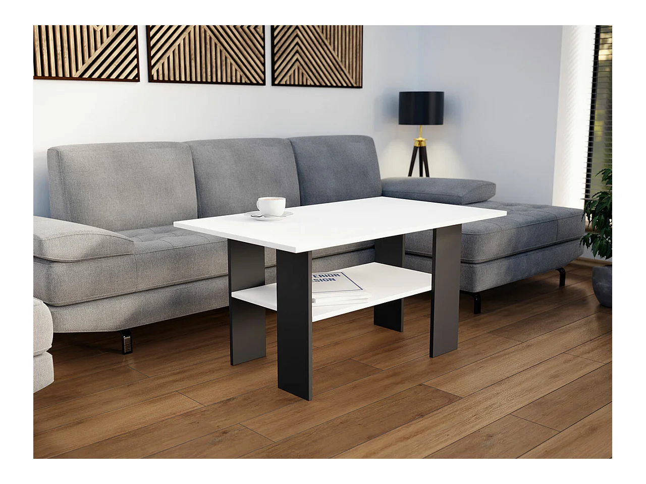 Table basse Reading 101, Noir|Blanc, 50x60x100cm, Stratifié, Angulaire