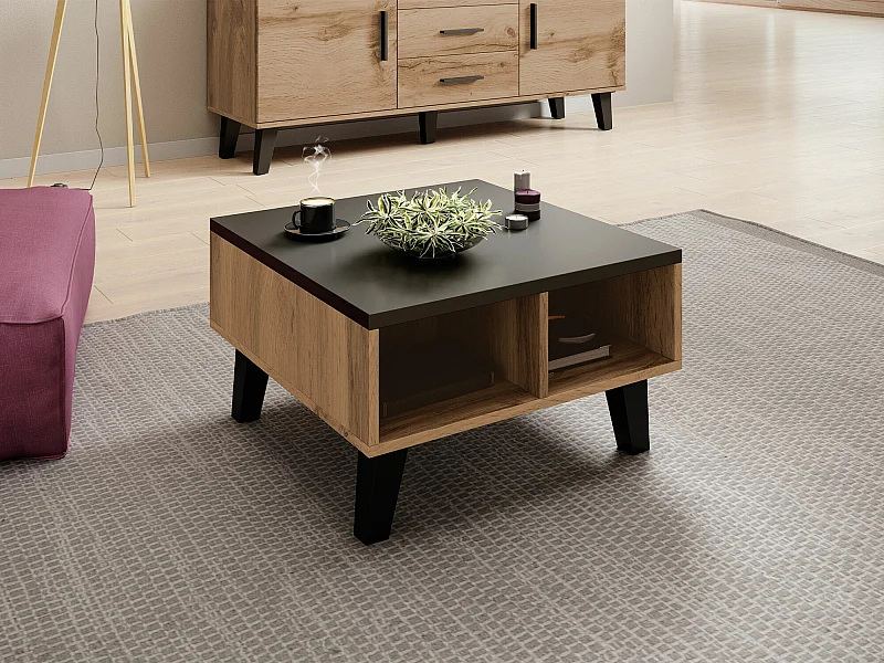 Mesa de café Charlotte G100, Wotan roble|Negro, 35x60x60cm, Aglomerado laminado, Angular