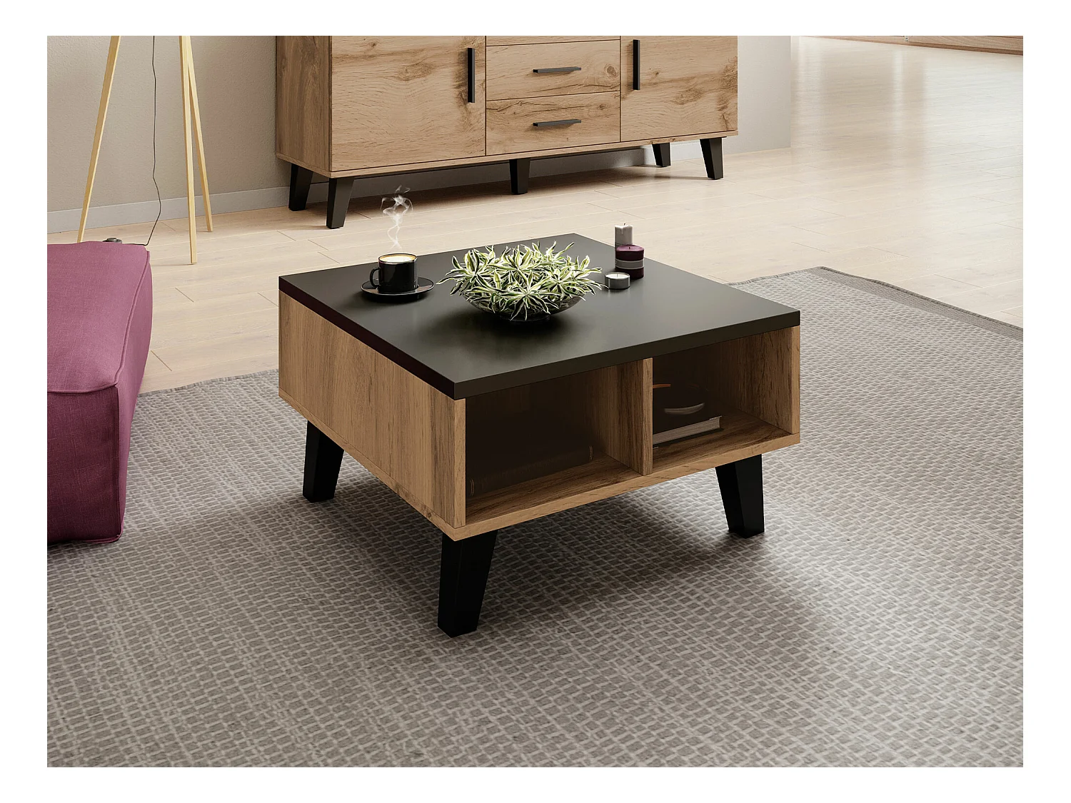 Table basse Larfloi 100, Noir|Chêne wotan, 35x60x60cm, Stratifié, Angulaire