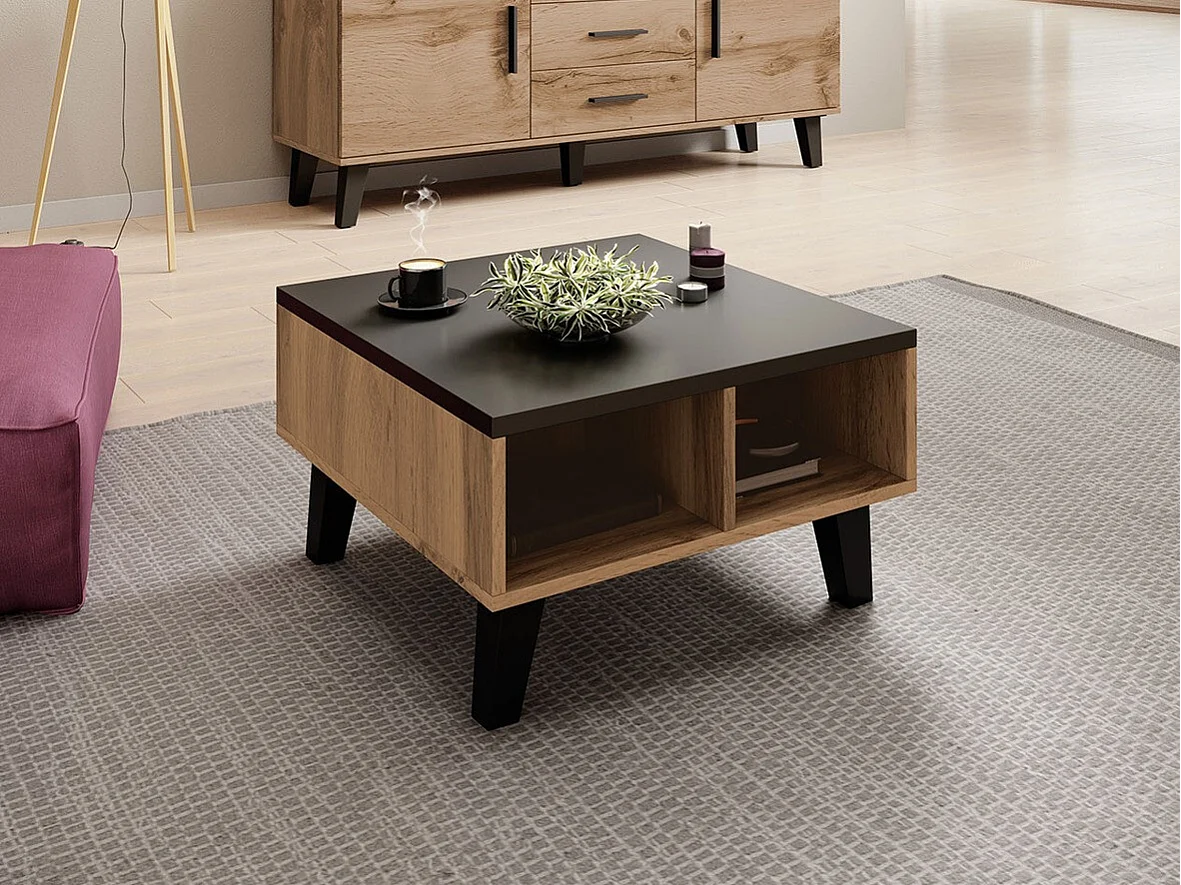 Table basse Larfloi 100, Noir|Chêne wotan, 35x60x60cm, Stratifié, Angulaire