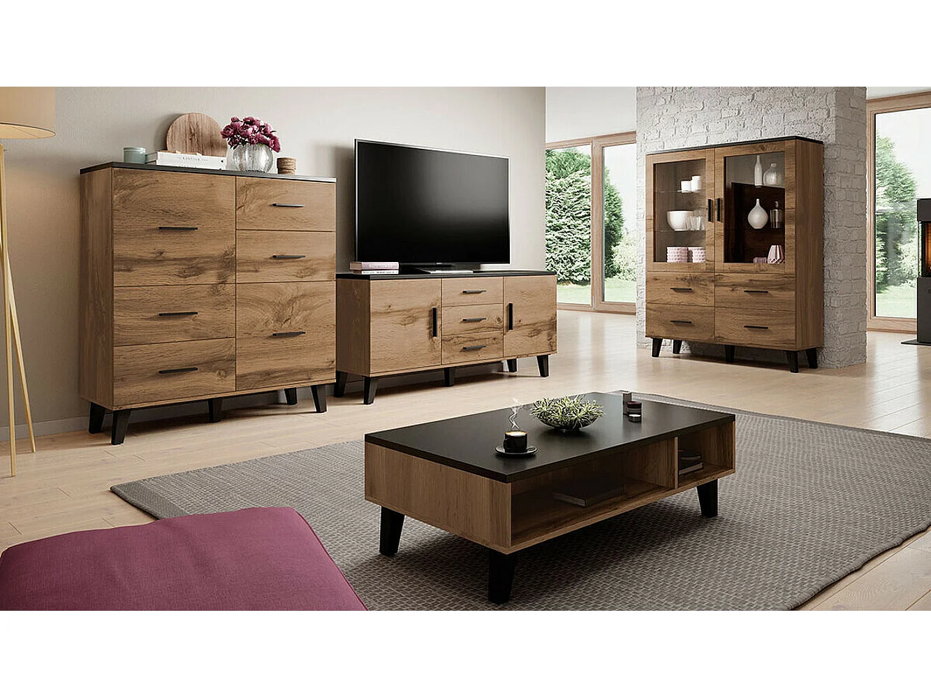 Tavolino da caffè Charlotte G101, Nero|Wotan quercia, 35x60x110cm, Truciolare laminato