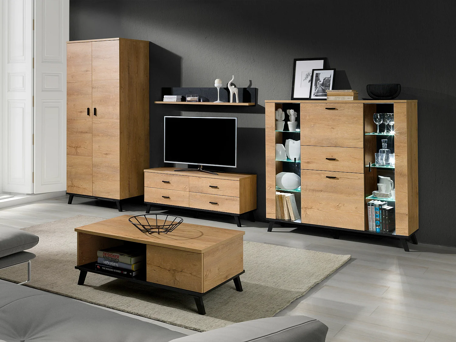 Mesa de café Toledo F107, Lefkas roble|Negro, 41x61x101cm, Aglomerado laminado, Angular