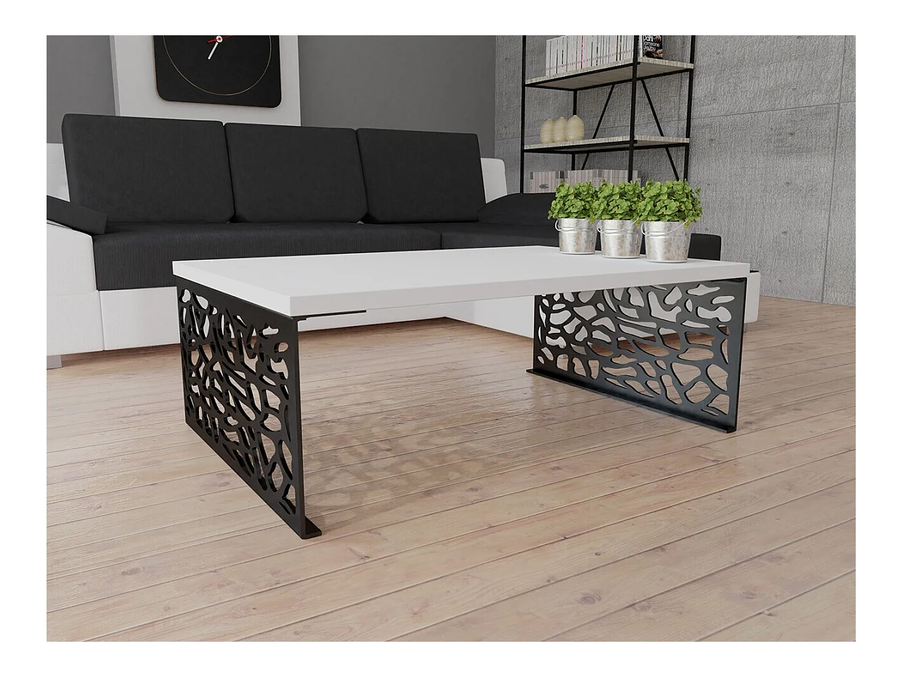 Table basse Germantown 107, Blanc brillant|Noir mat, 45x70x100cm, Stratifié, Angulaire