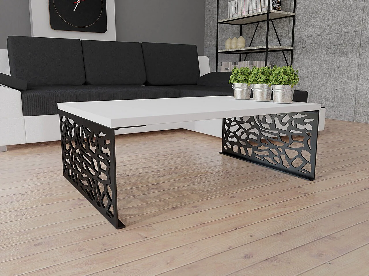 Table basse Germantown 107, Blanc brillant|Noir mat, 45x70x100cm, Stratifié, Angulaire