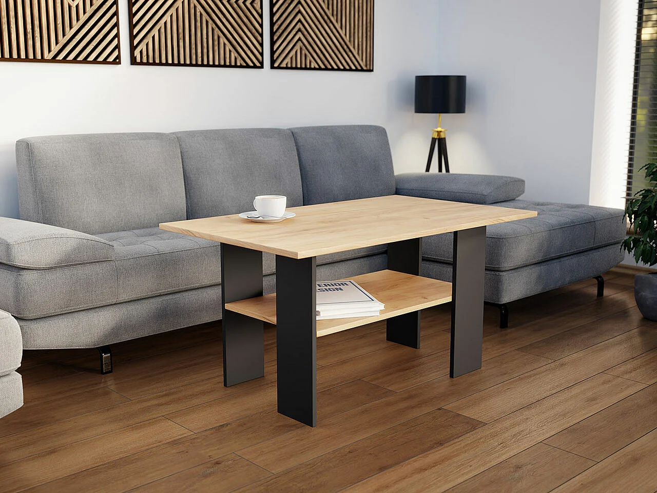 Mesa de café Reading 101, Craft roble|Negro, 50x60x100cm, Aglomerado laminado, Angular